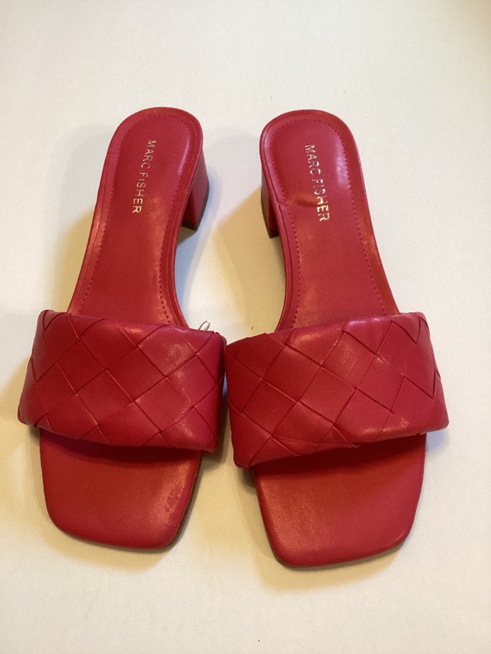 Marc Fisher Women’s 7.5 Red Woven Slide Sandals Square Toe Block Heel